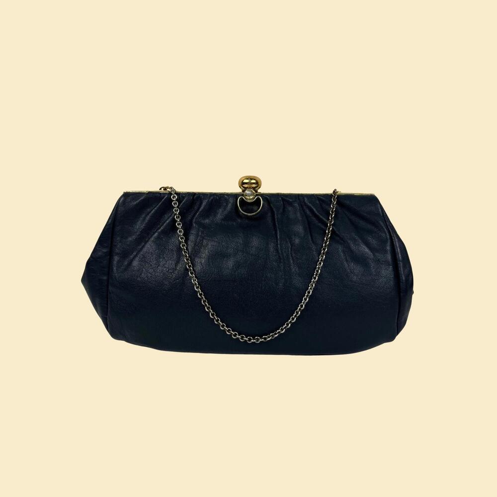 1970s blue leather handbag w/ wrist strap by Etra, vintage 70s dark blue purse